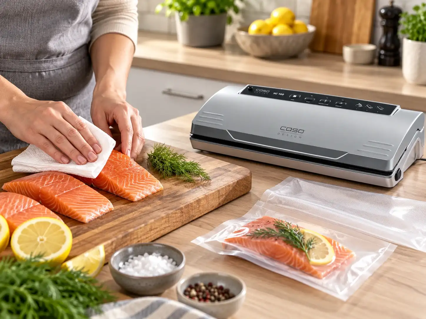 Fisch wird vor dem Portionieren sorgfältig trockengetupft