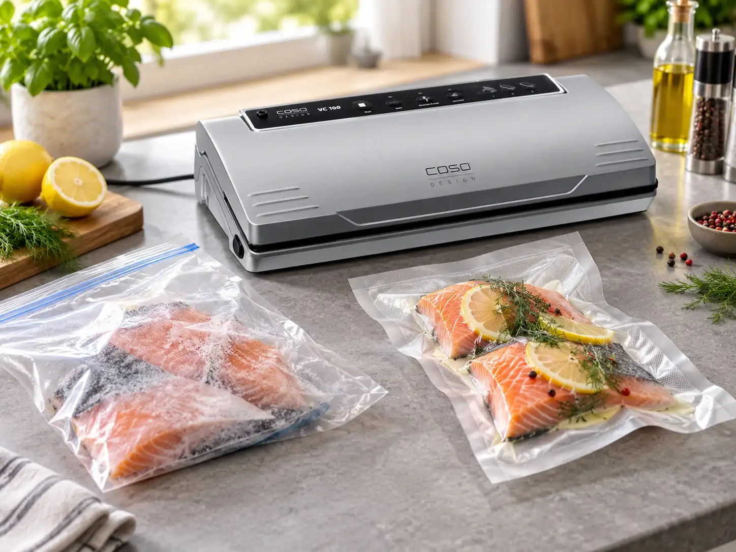Portionierter Fisch wird für das Einfrieren vorbereitet
