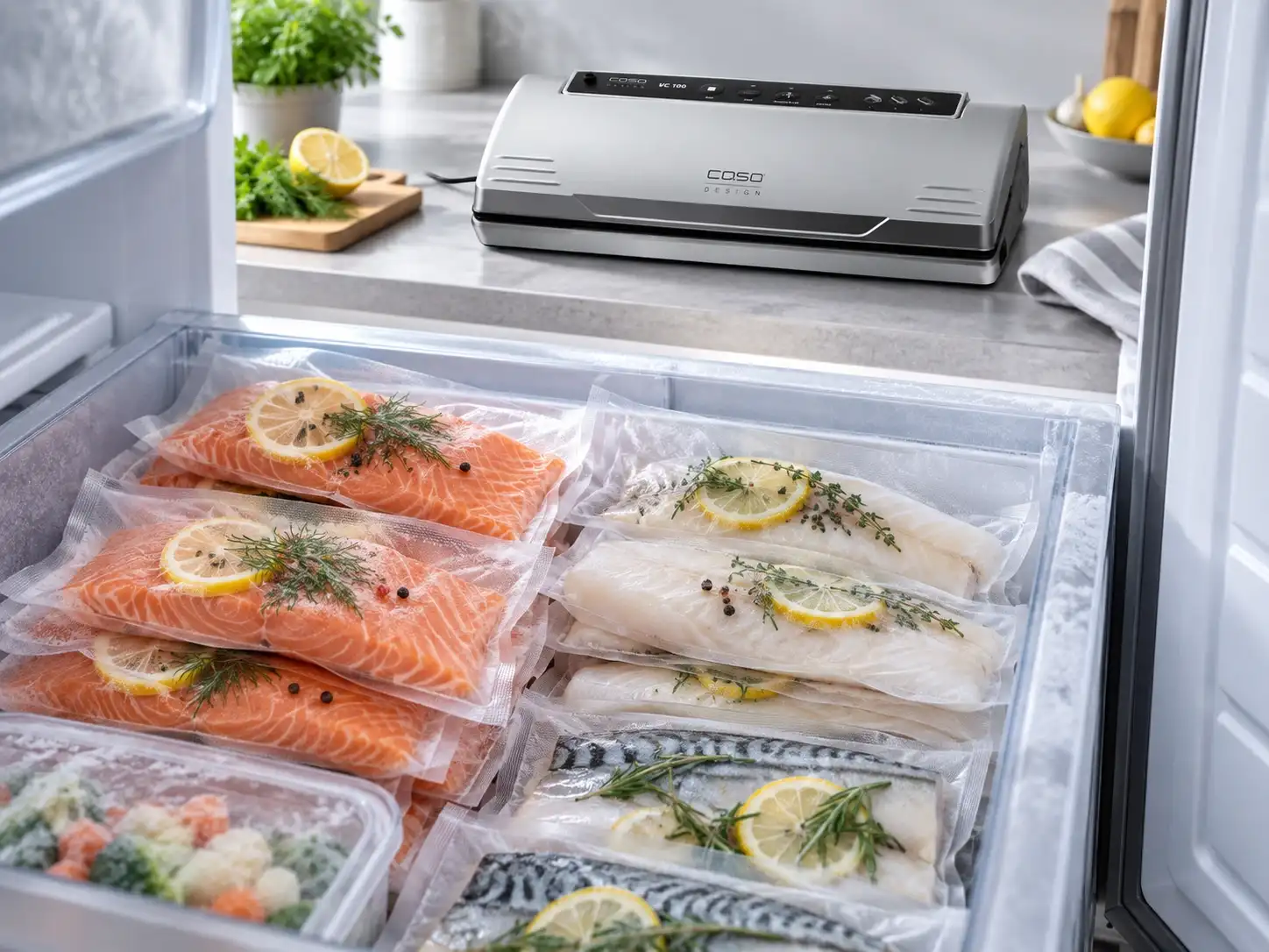 Vergleich einer herkömmlich verpackten und einer vakuumierten Fischportion